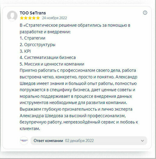 Отзыв Стратегическое решение Александр Шведов  Систематизация бизнеса